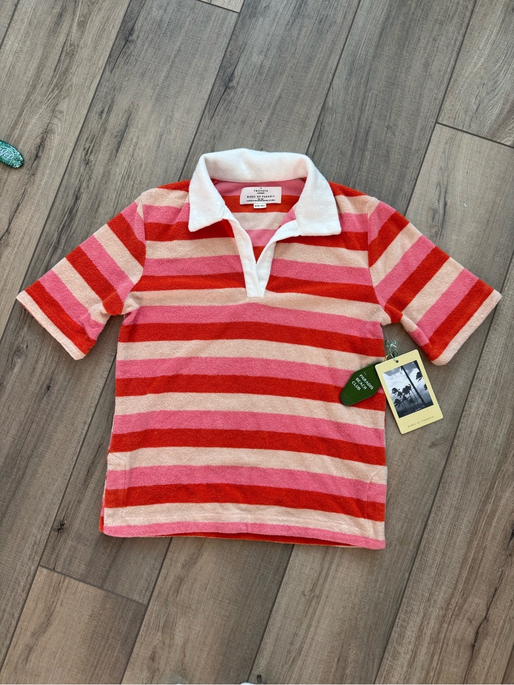 NWT Trovata Birds Of Paradis Cabana Beach Club Striped Terry Cloth Polo Shirt XS